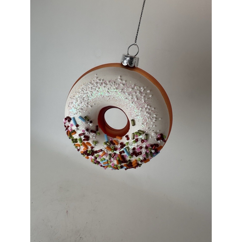 Large Glass Donut Christmas Ornament Frosted Beaded Sprinkles 4 Inch